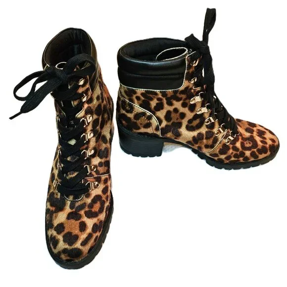 ALDO Vegan Leather/Fur Leopard Print Salilia Combat Boots Shoes Size 8.5 - Picture 1 of 8
